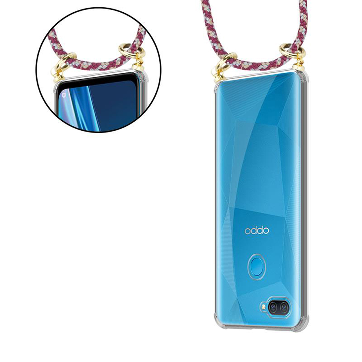 und GELB ROT WEIß Handy Band Backcover, CADORABO A12, mit Ringen, Gold Kordel Kette Oppo, abnehmbarer Hülle,
