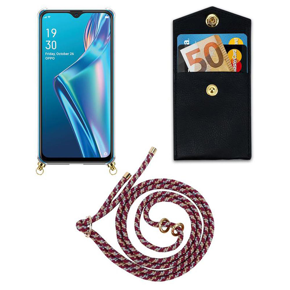 Oppo, Hülle, Handy Backcover, und A12, Ringen, Kette ROT Band CADORABO Kordel Gold mit abnehmbarer GELB WEIß