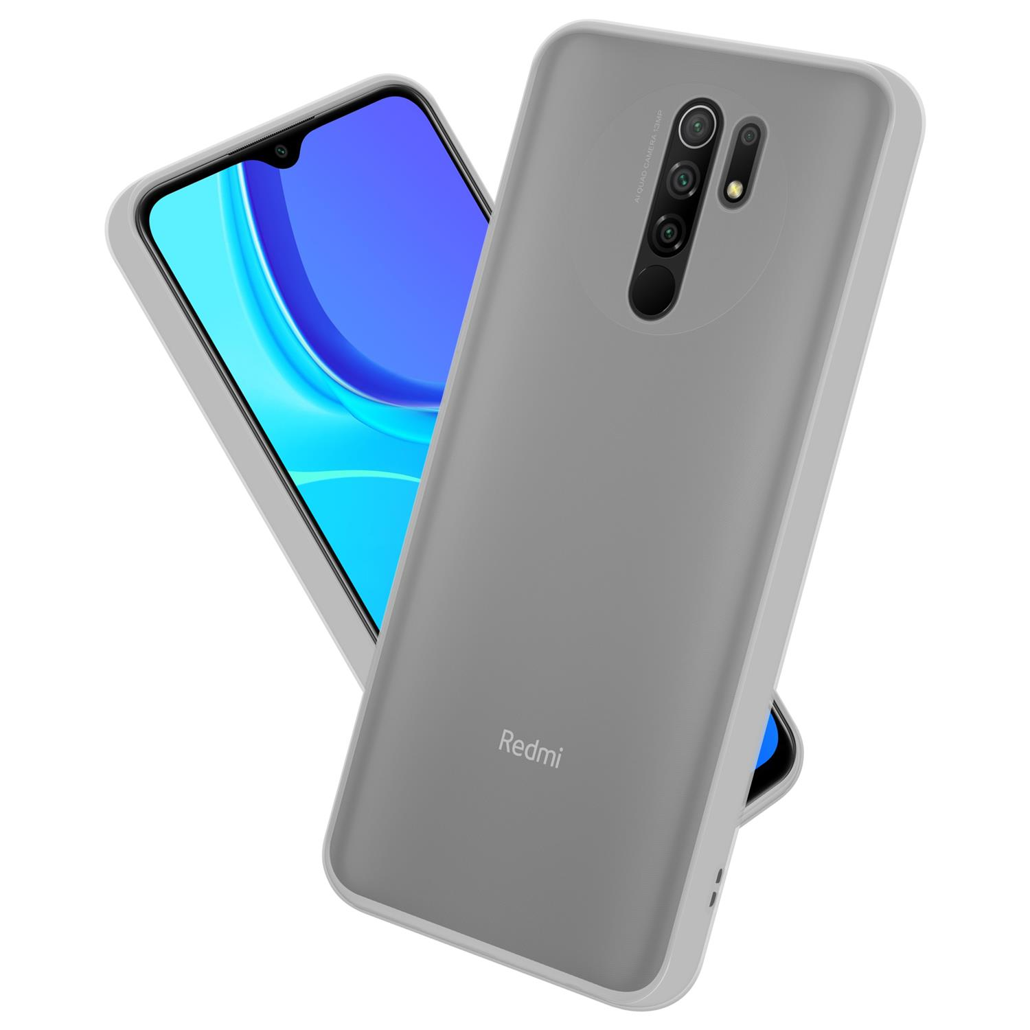 Graue Handyhülle mit Telefon und Redmi-Logo.