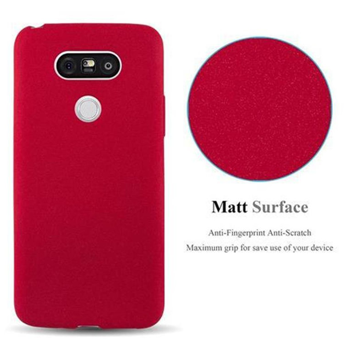 Custodia rossa per telefono con superficie opaca. Il testo dice 'Matt Surface'.