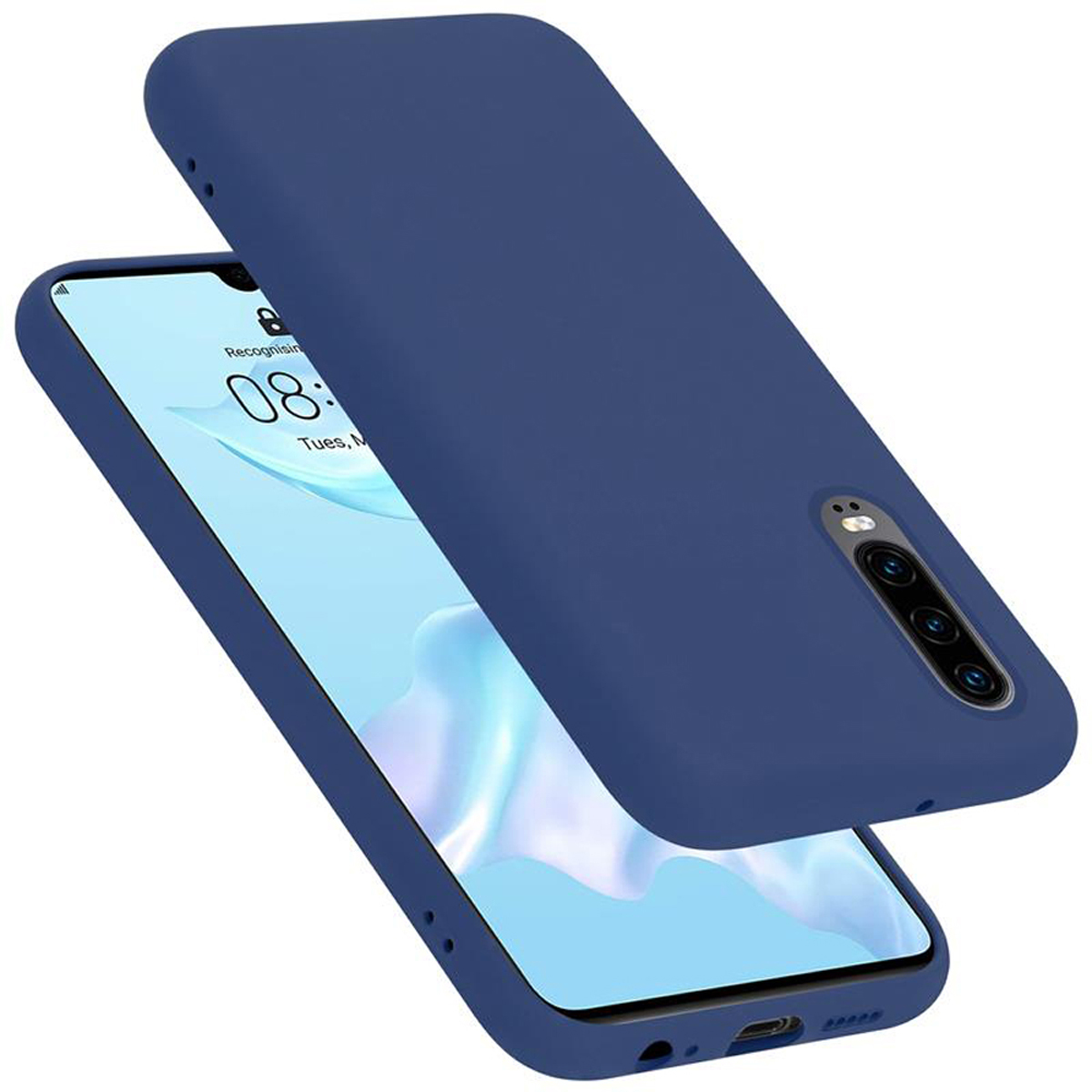 Dunkelblaue Handyhülle mit Telefon, obere Hülle leicht abgesetzt.
