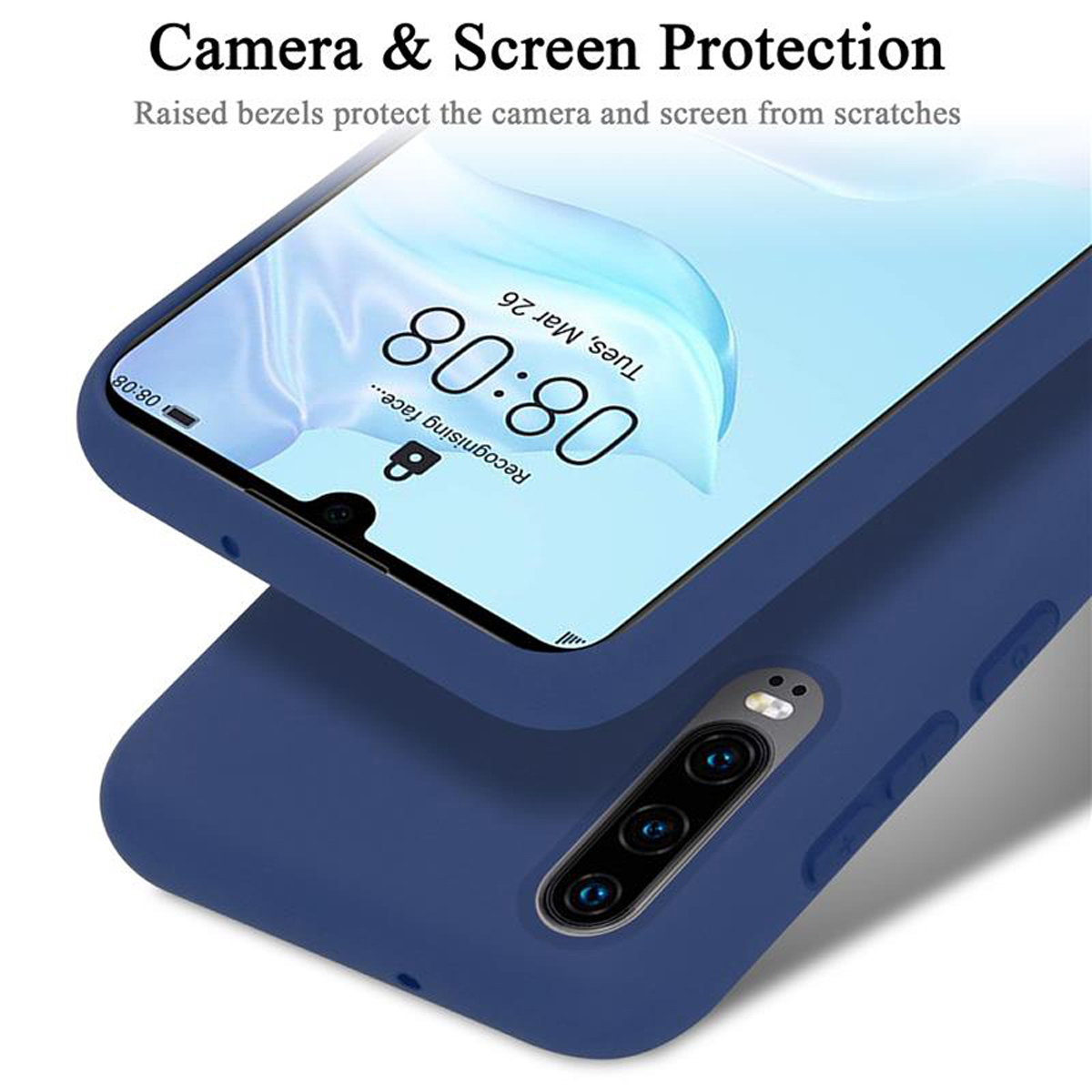 Eine blaue Handyhülle mit einem Telefon, das 08:08 auf dem Bildschirm anzeigt. Text: Kamera- und Bildschirmschutz.