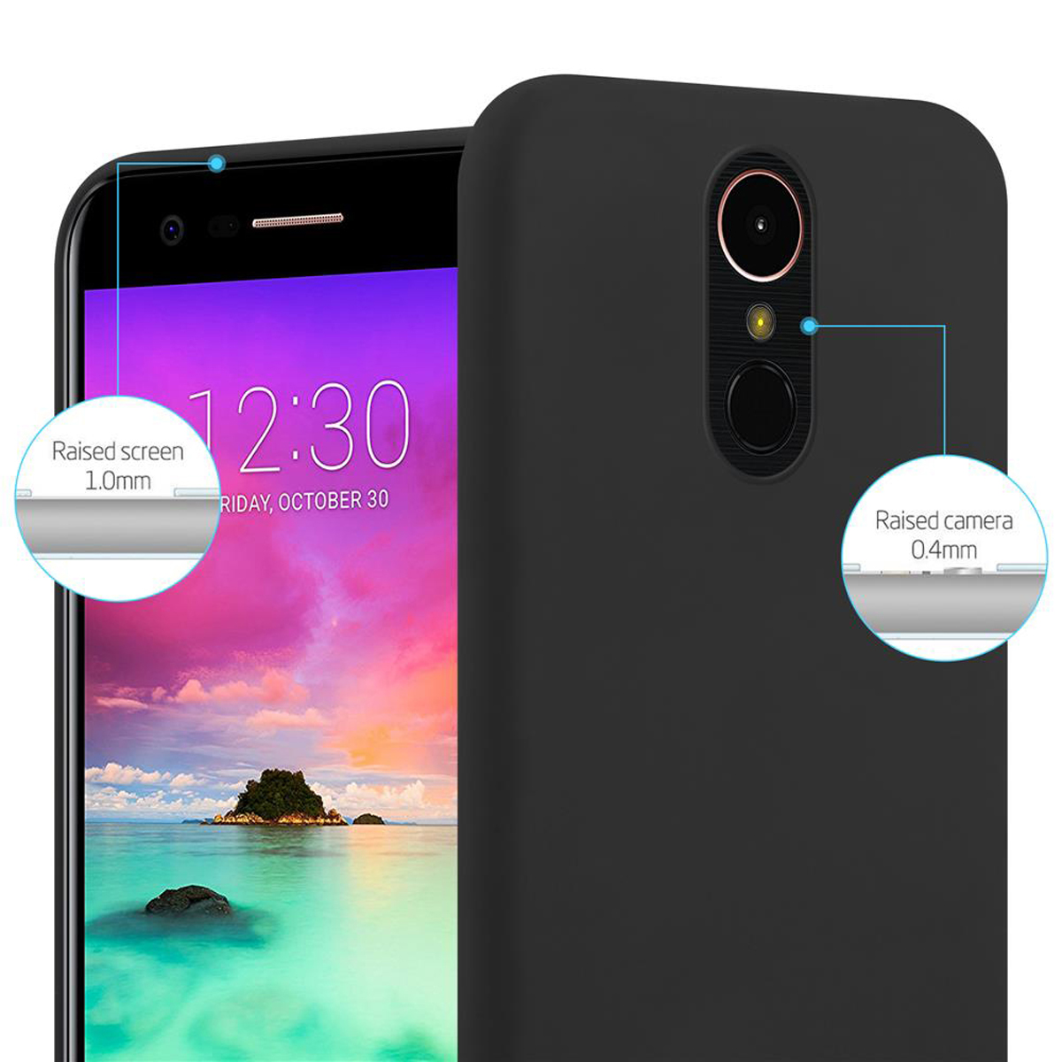 Una custodia nera con un telefono. Le annotazioni evidenziano schermo e fotocamera rialzati.