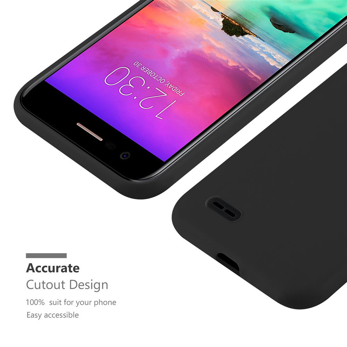 Custodia nera con telefono nero. Il testo dice Accurate Cutout Design. Testo bianco su custodia nera.
