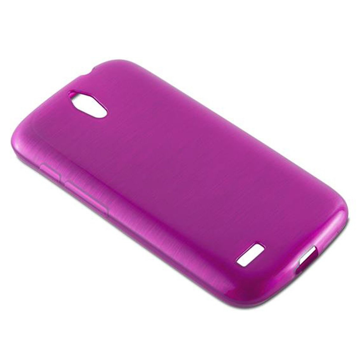 Custodia per telefono viola con fori per fotocamera e porte, su superficie bianca, prospettiva angolata.