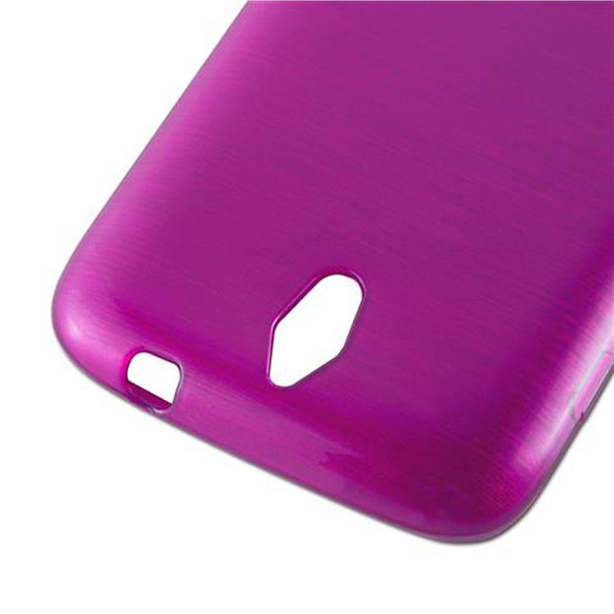 Un primo piano di una custodia per telefono viola con un foro per la fotocamera e la porta di ricarica.