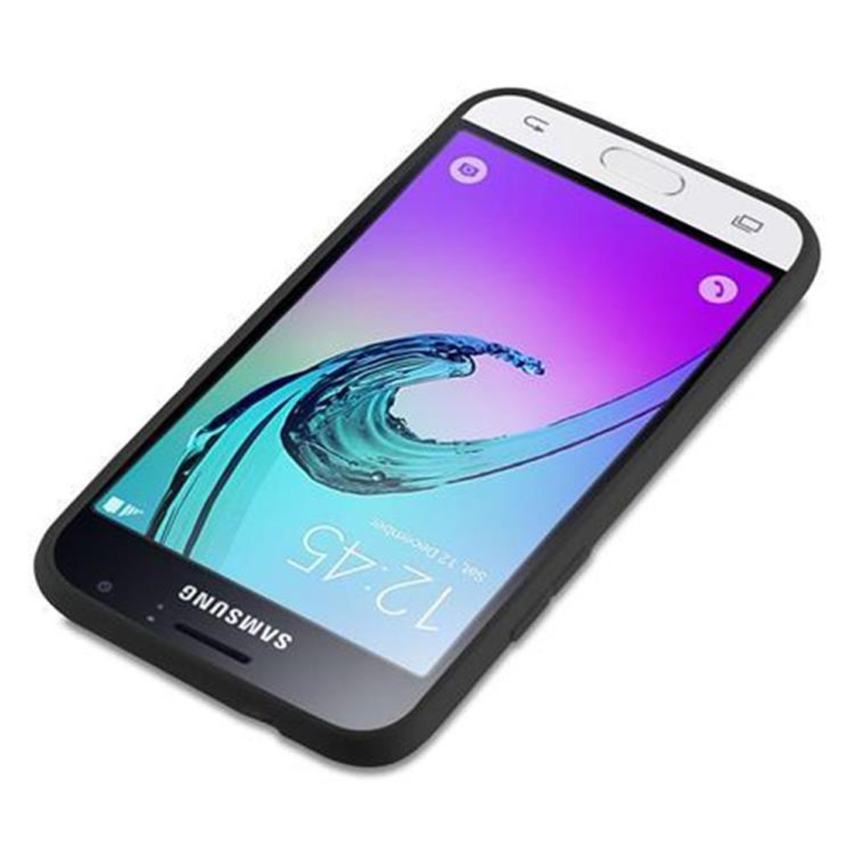 Telefono nero con schermo blu-viola in una custodia nera.