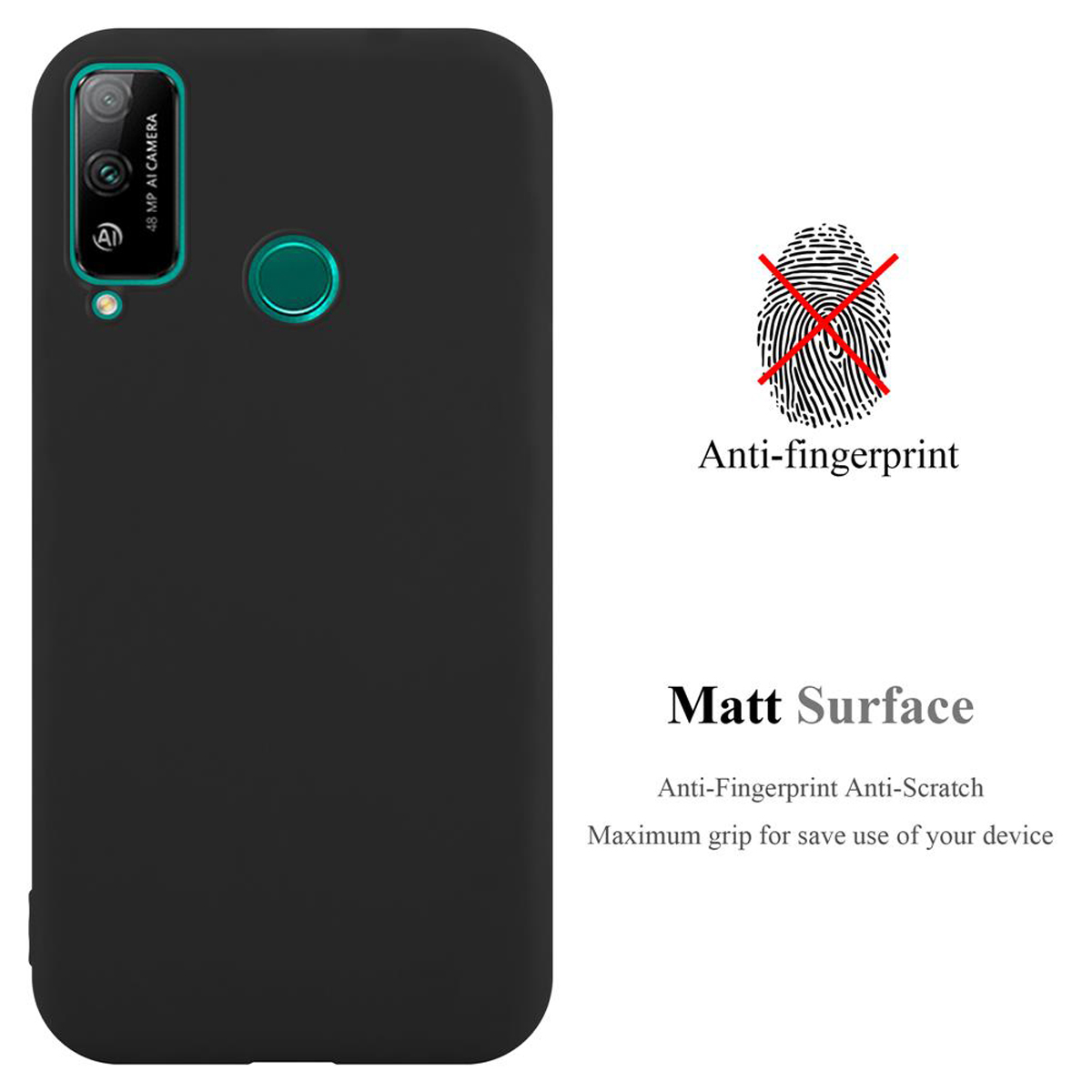 Schwarze Handyhülle mit Text 'Anti-Fingerprint' und 'Matt Surface', Kamera und Knopf sichtbar.