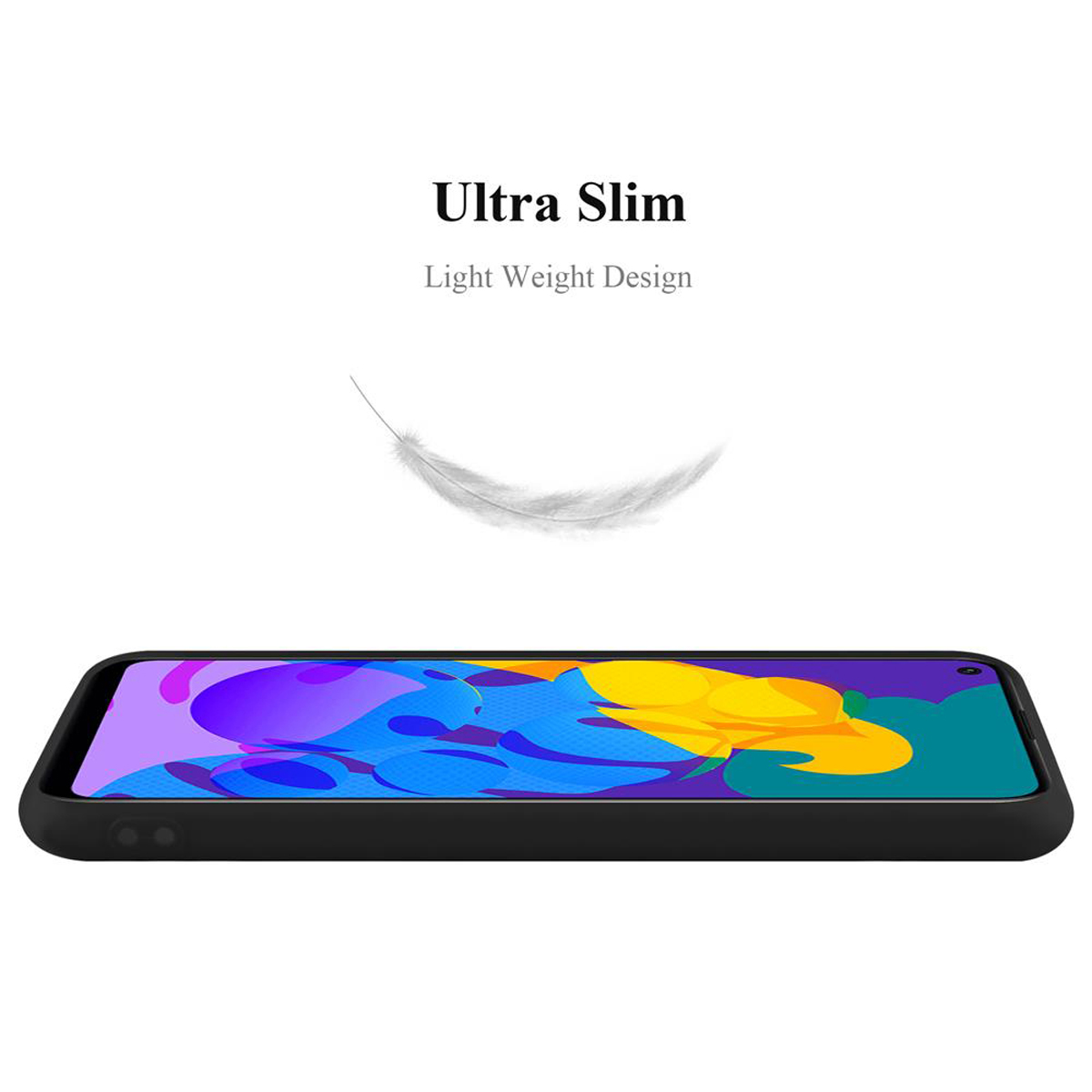 Schwarze Handyhülle mit Telefon und Federgrafik.