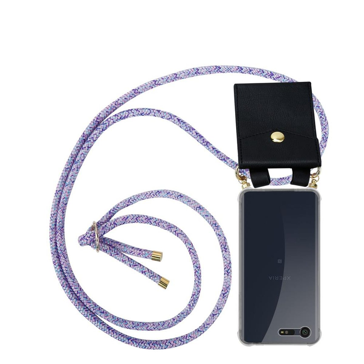Teléfono con funda negra y correa estampada, con un Xperia.