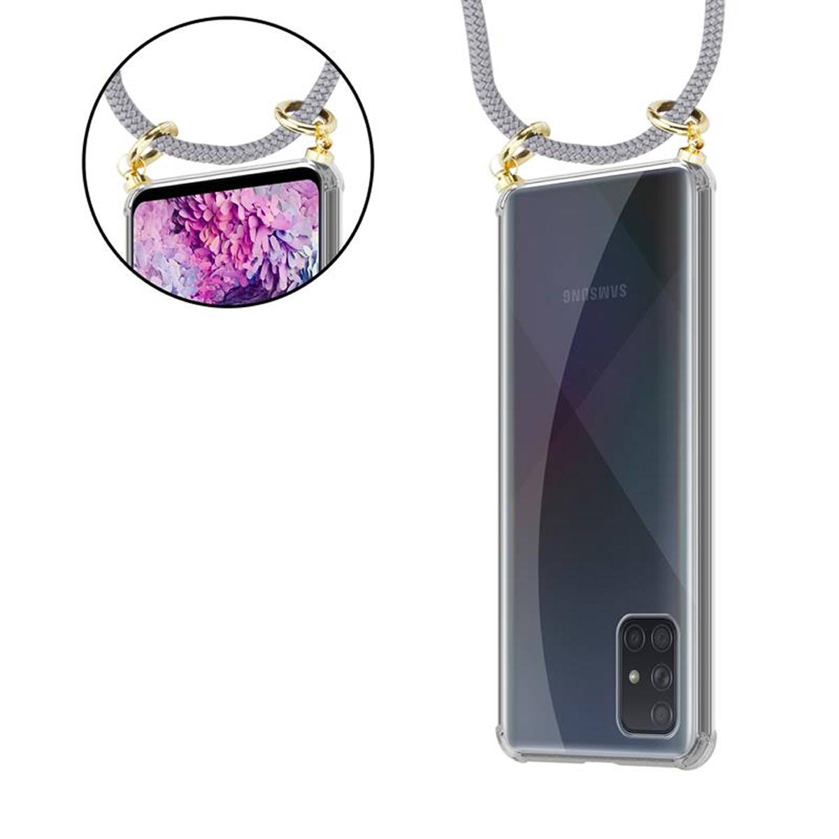 CADORABO Handy Kette mit Galaxy 5G, Samsung, abnehmbarer GRAU Hülle, SILBER Backcover, Kordel A71 und Ringen, Band Gold