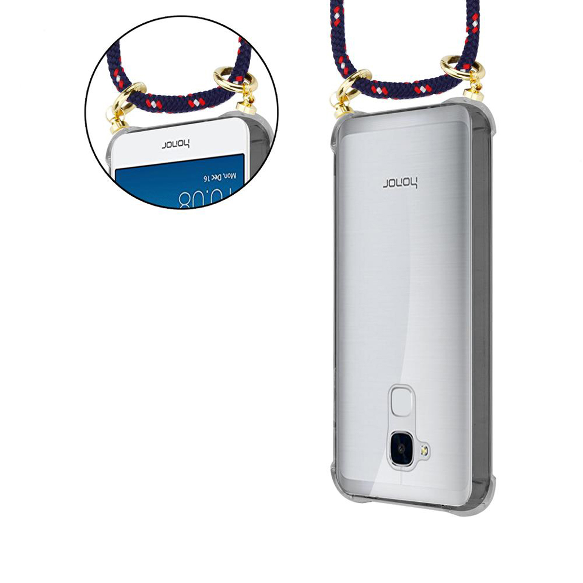 Eine Handyhülle mit Lanyard, die ein Telefon in der Hülle zeigt.
