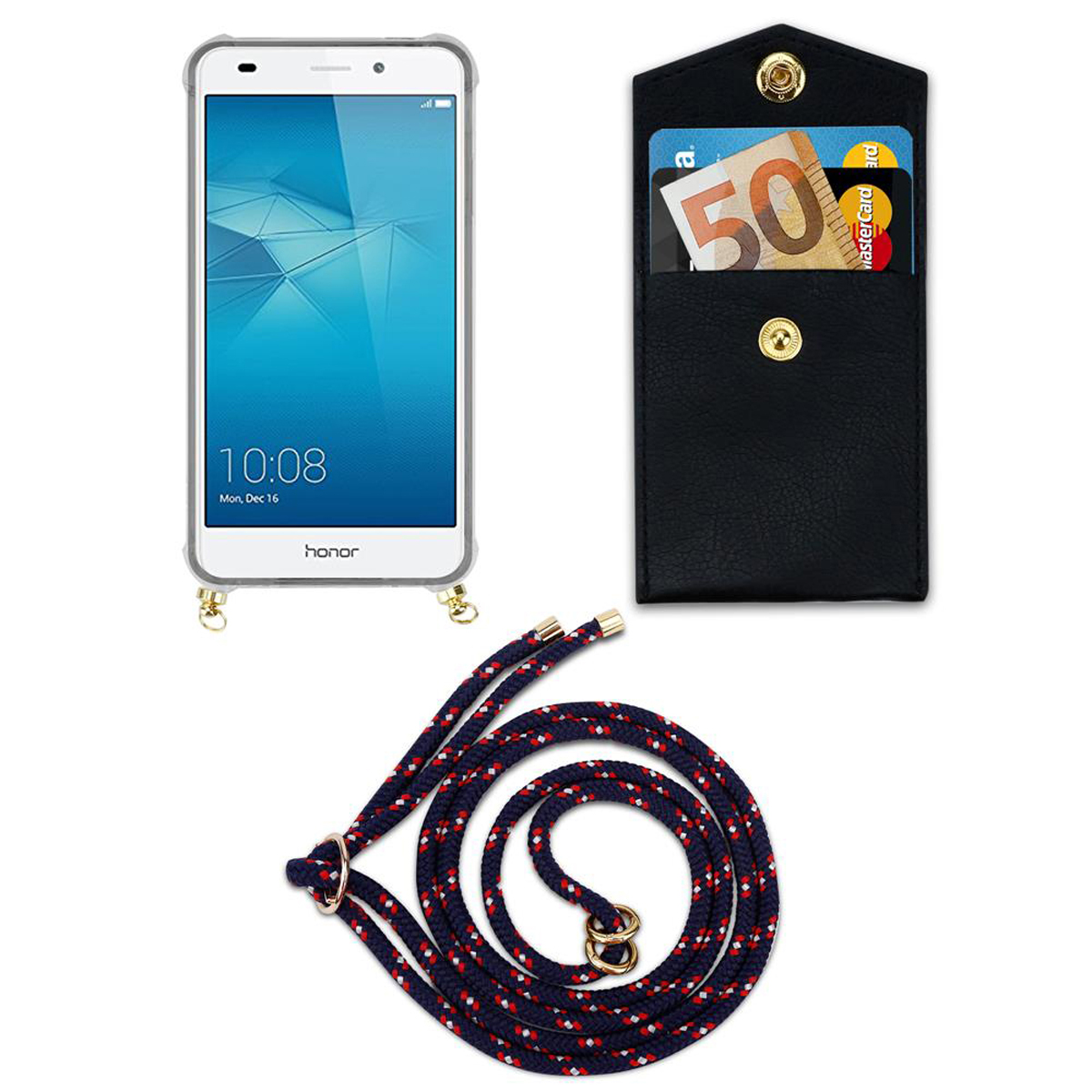 Telefon und Geldbörsenetui mit Riemen. Geldbörse hat Karten. Telefon zeigt Zeit.