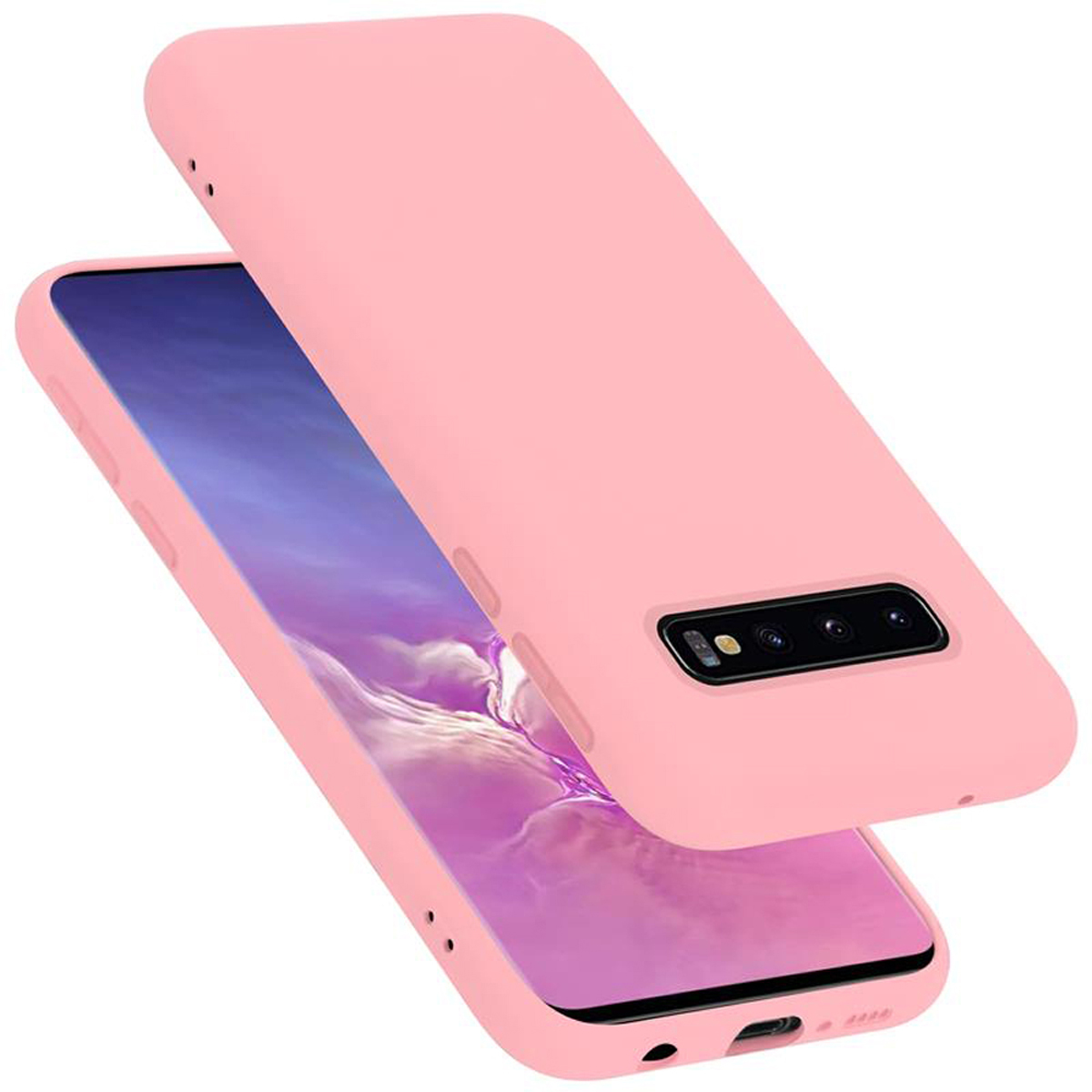 Rosa Handyhülle offen, das Telefon zeigend. Die Hülle hat Öffnungen für Knöpfe und Kamera.
