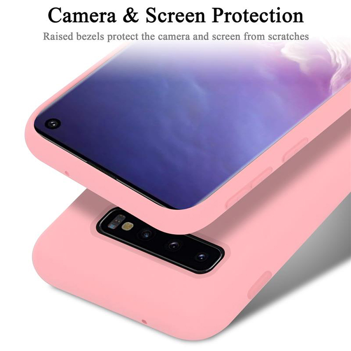 Handyhülle, rosa Abdeckung, Telefonbildschirm sichtbar. Kamera- und Bildschirmschutz.