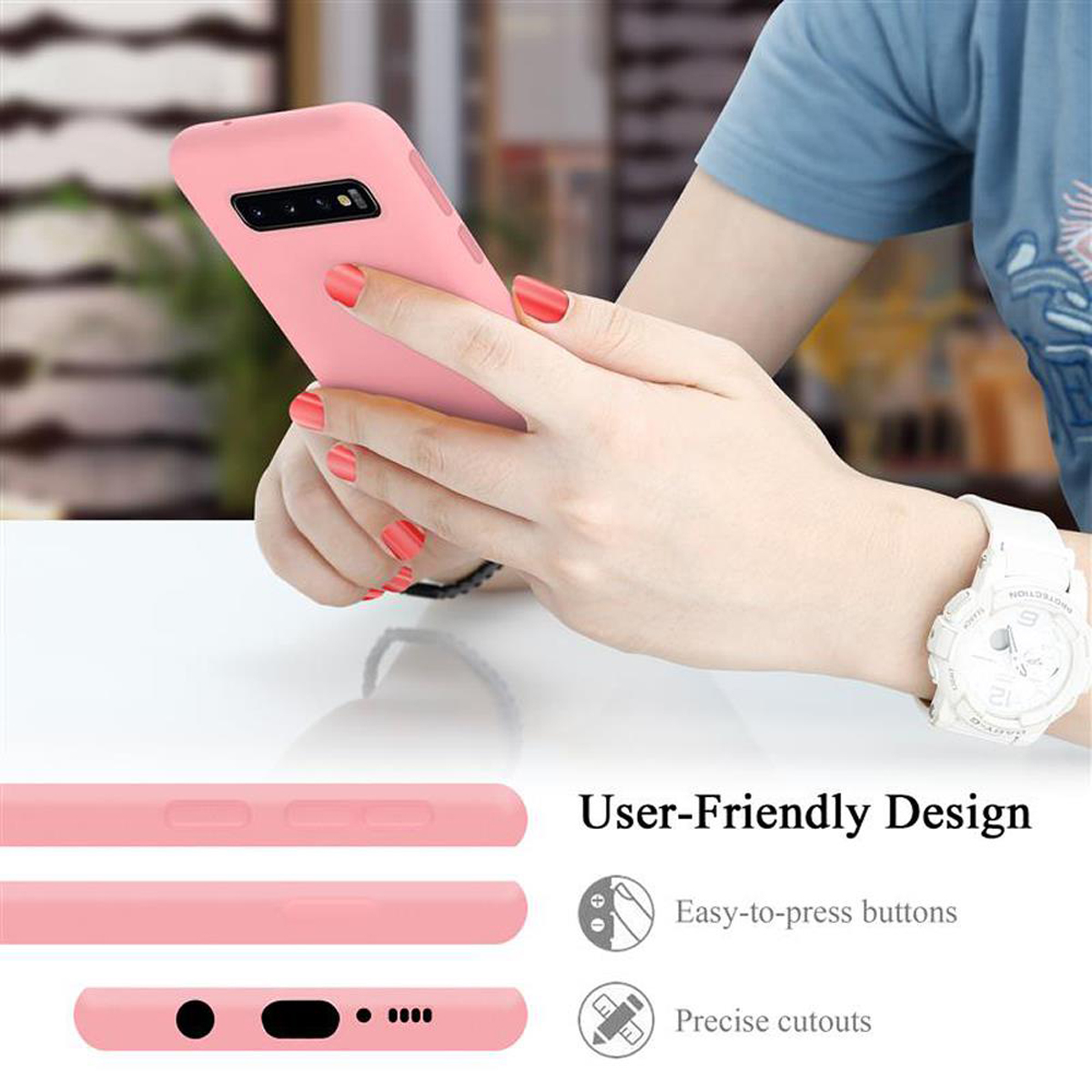 Eine Person hält ein pinkfarbenes Handy. Details der Handyhülle werden unten gezeigt.
