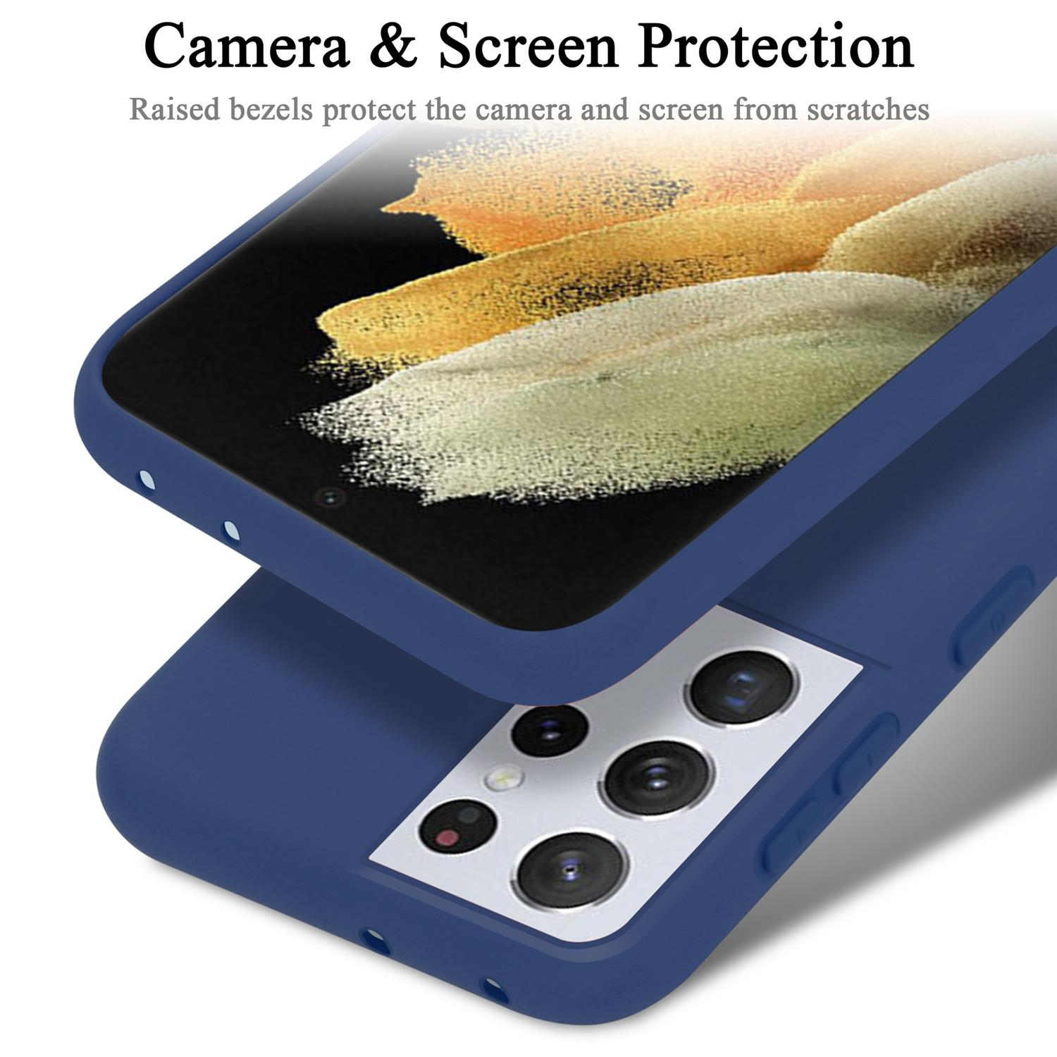 Blaue Handyhülle mit Kamera- und Bildschirmschutz. Das Telefon ist blau. Die Hülle ist hinten am Telefon.
