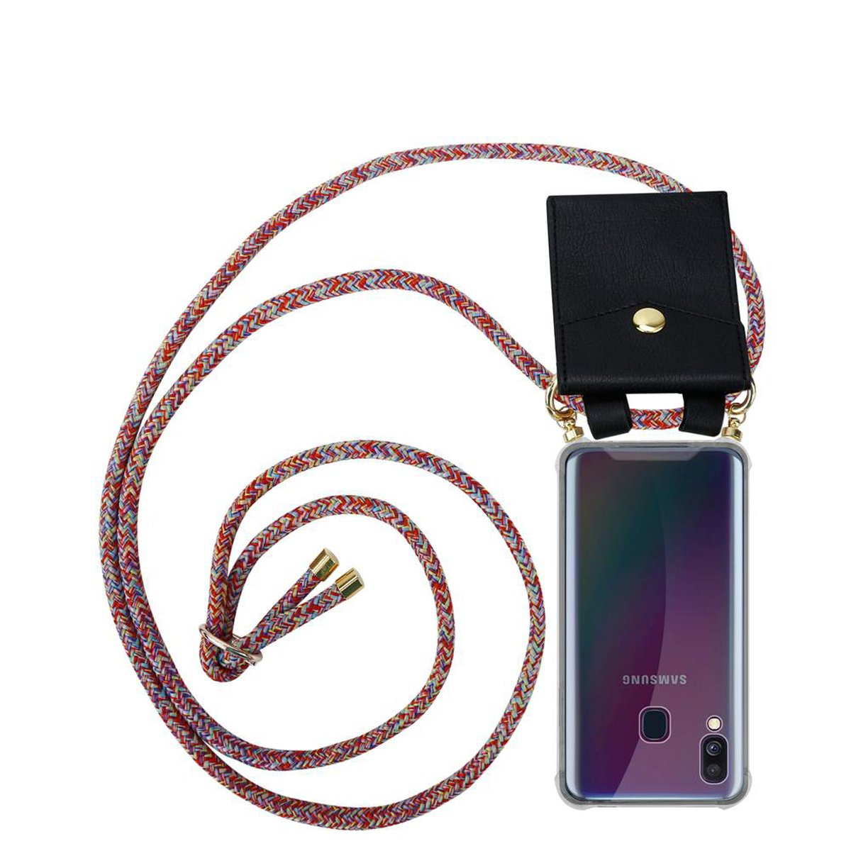 CADORABO Handy Kette mit PARROT Hülle, Kordel Galaxy A40, abnehmbarer Backcover, Ringen, COLORFUL Samsung, Gold Band und