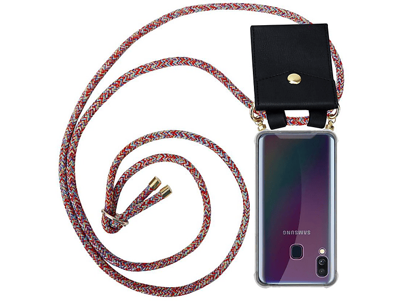 CADORABO Handy Kette mit PARROT Hülle, Kordel Galaxy A40, abnehmbarer Backcover, Ringen, COLORFUL Samsung, Gold Band und