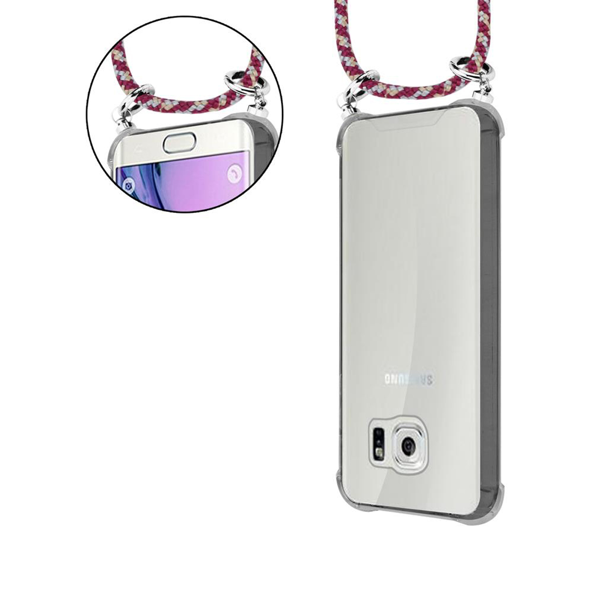 Telefon in klarer Hülle mit Lanyard. Das Lanyard ist rot und weiß. Das Telefon befindet sich auf weißem Hintergrund.