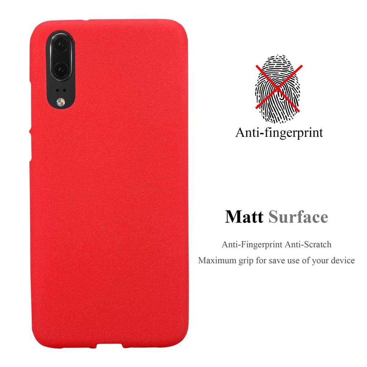 Una custodia per telefono rossa con superficie opaca. La custodia presenta un ritaglio per fotocamera a doppia lente e testo anti-impronta.