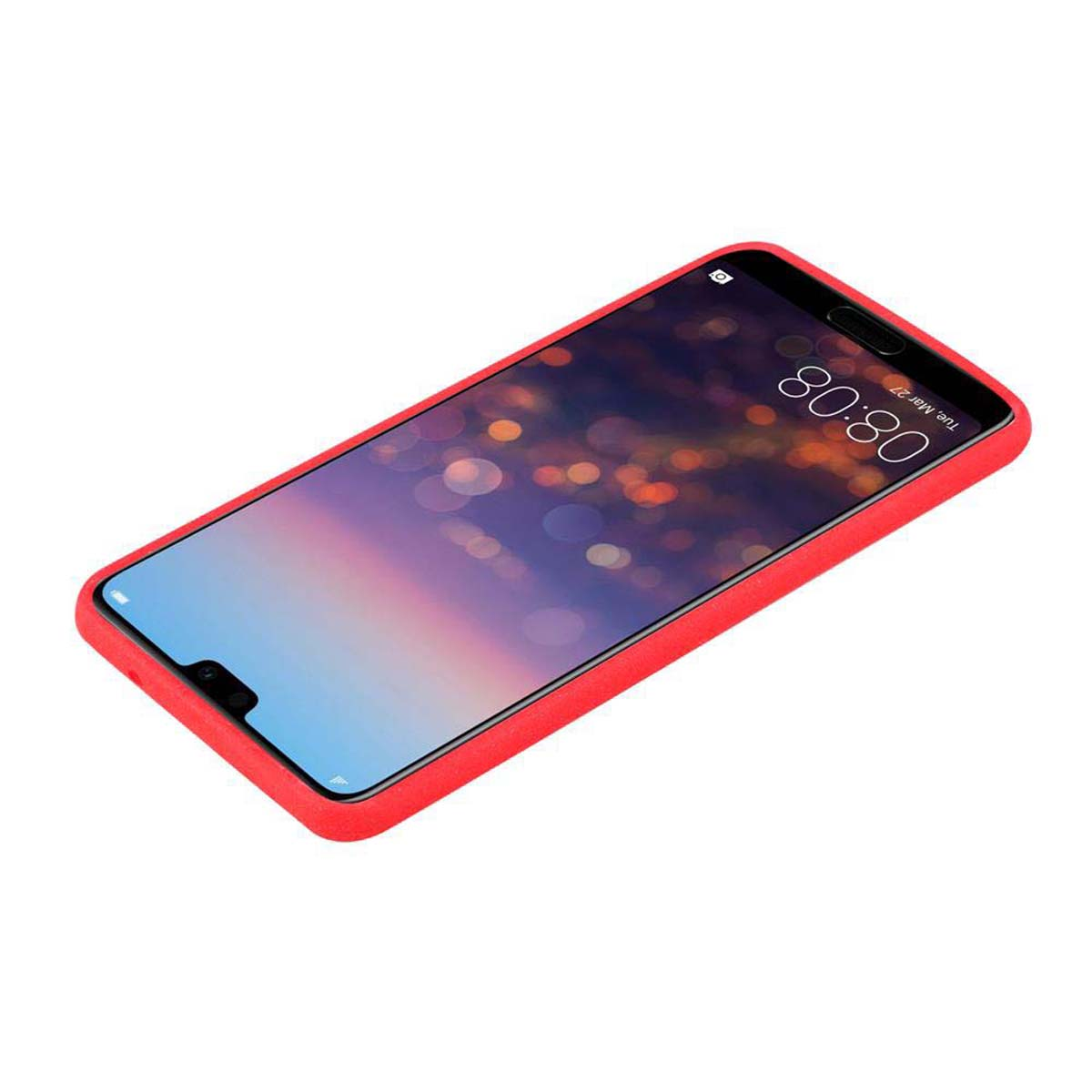 Una custodia rossa con un telefono dentro. Lo schermo mostra le 08:08.