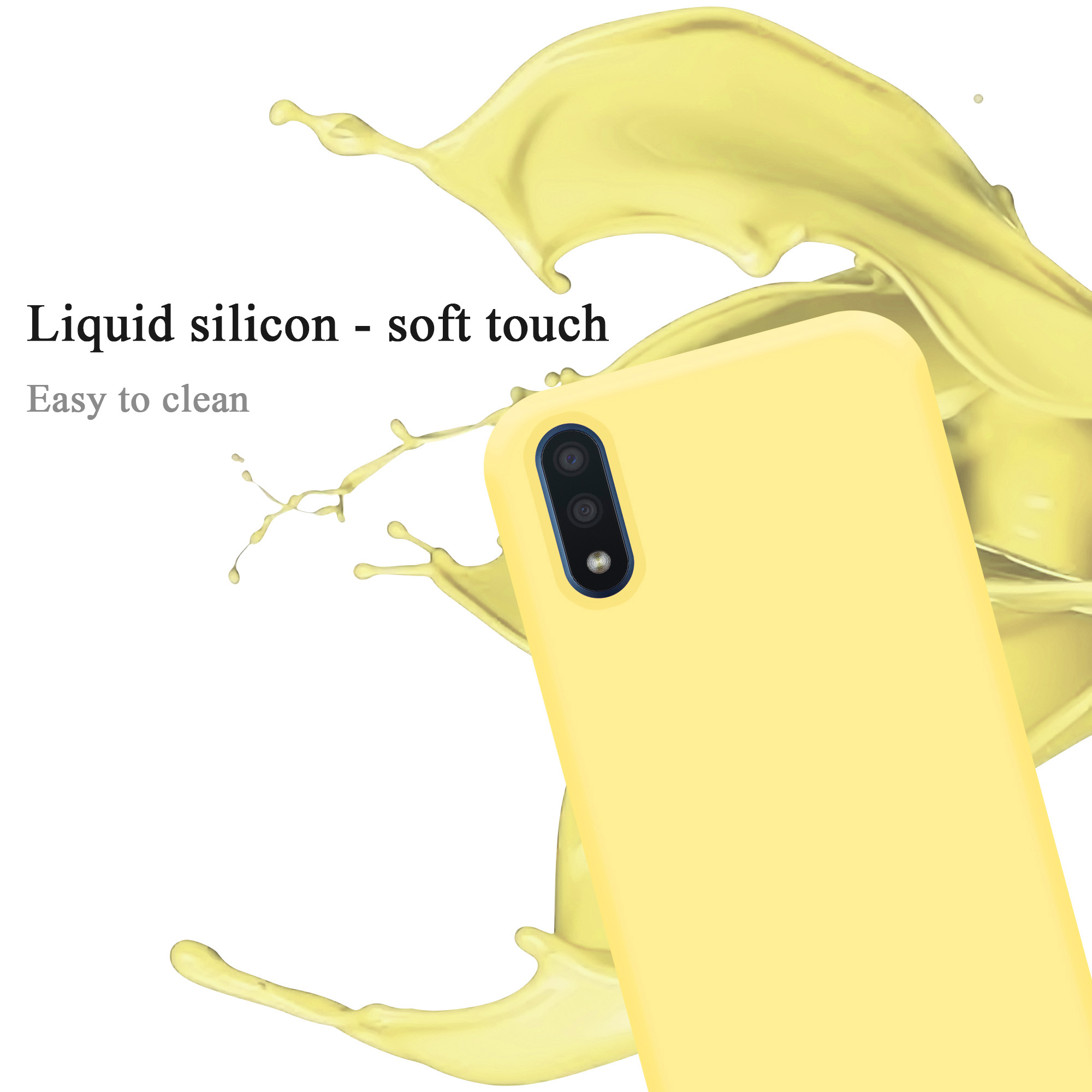 Eine gelbe Handyhülle mit Dreifach-Kamera, mit Flüssigsilikon-Spritzern im Hintergrund.