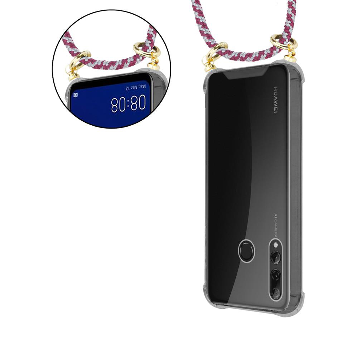 CADORABO Handy Kette mit Gold Huawei, P Backcover, Ringen, und Kordel Band SMART WEIß 2019, abnehmbarer PLUS ROT Hülle