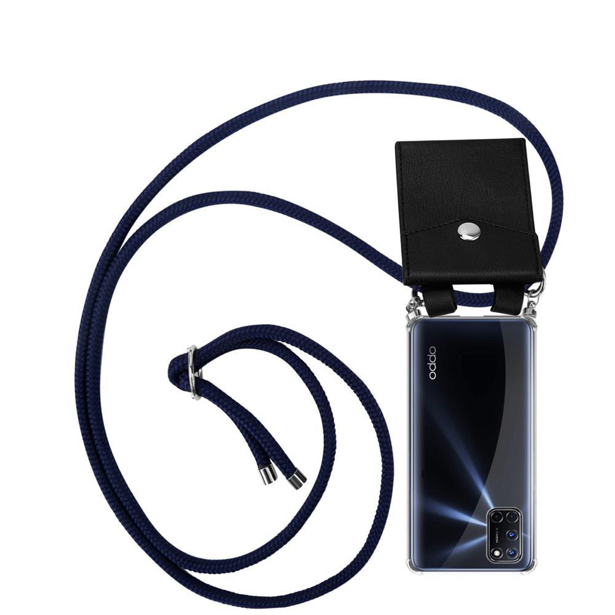 Marineblaues Armband-Telefon mit schwarzem Etui. Transparente Handyhülle zeigt das Telefonmodell.