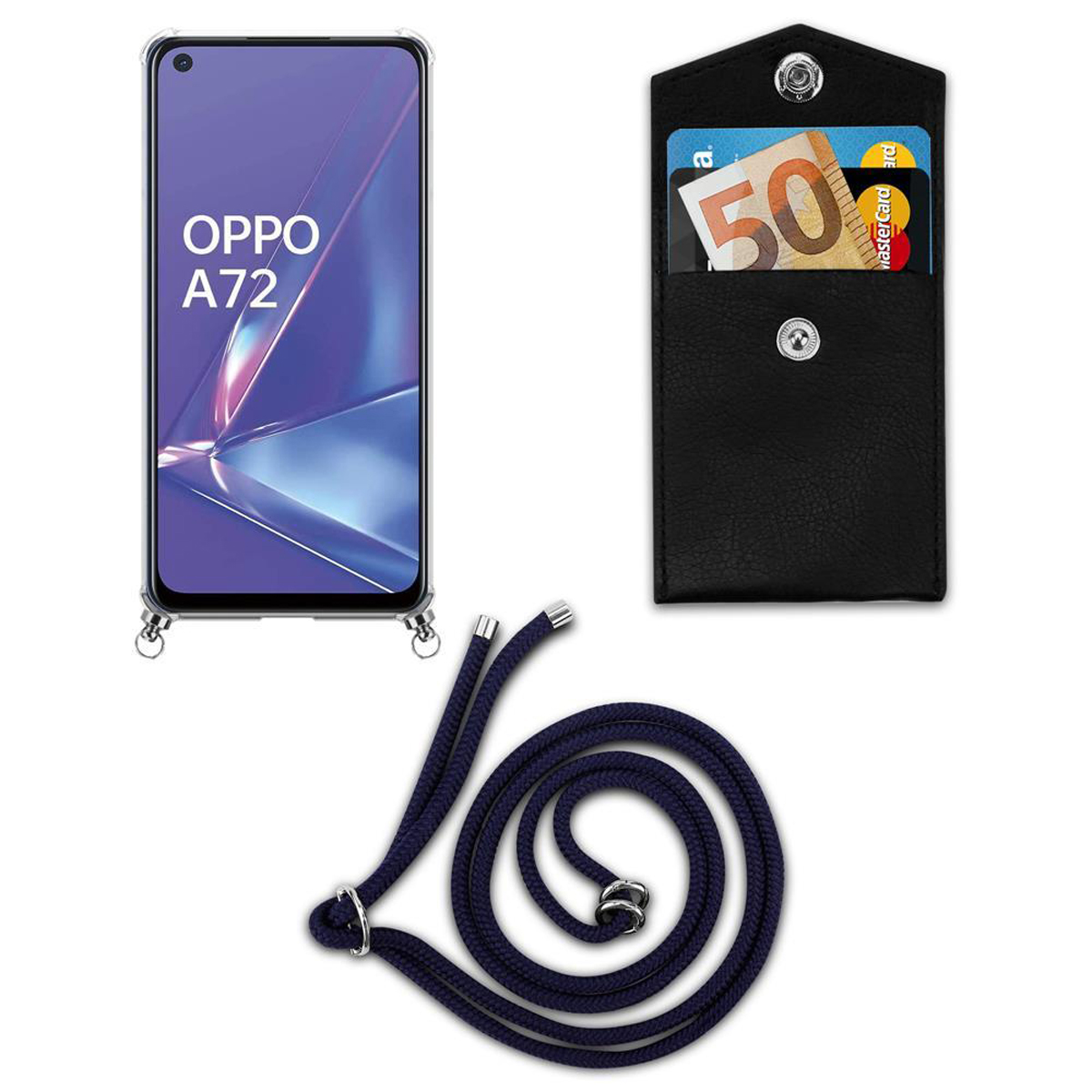 Telefon mit blauem Kabel, schwarze Geldbörse mit Geld, auf weißem Hintergrund.