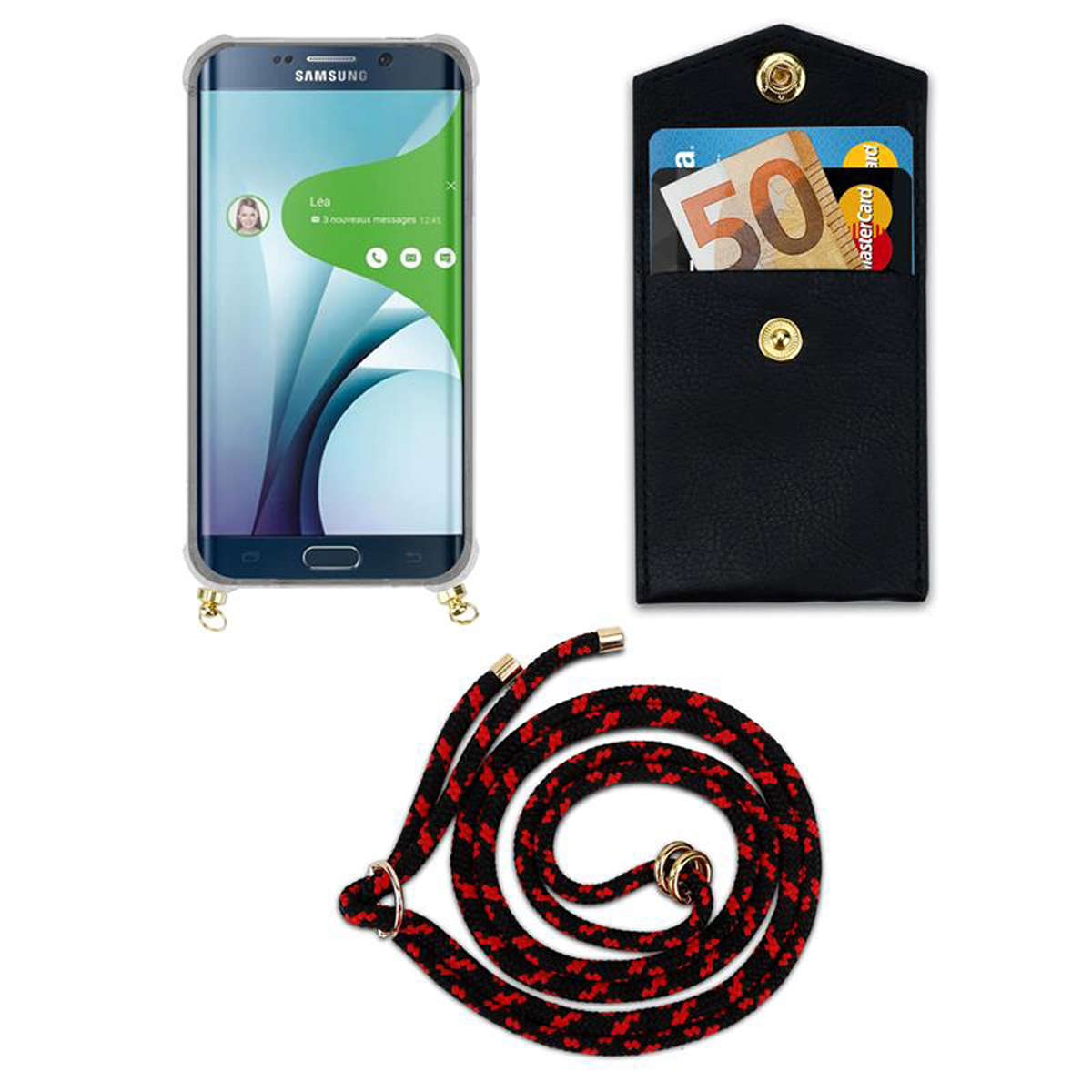 Telefono con custodia nera, cinturino nero e rosso e custodia a portafoglio con carte. Il telefono mostra uno sfondo sfocato.