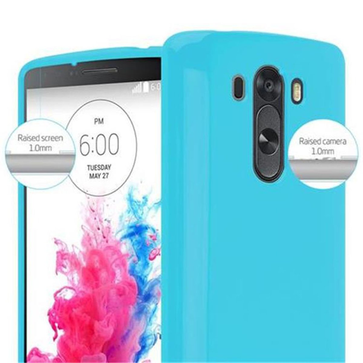 Una custodia blu con un telefono all'interno. La parte posteriore ha la fotocamera, la parte anteriore mostra l'ora.