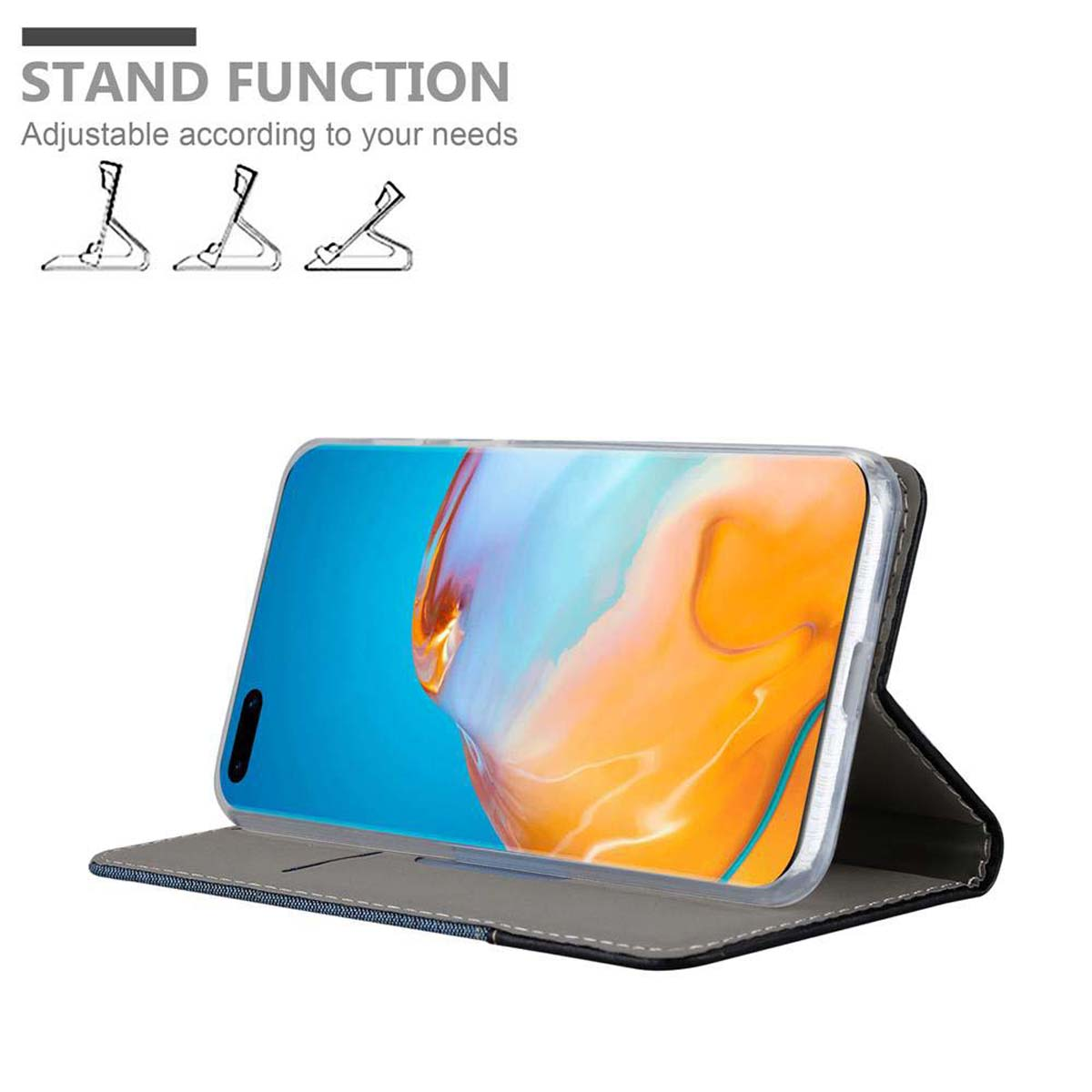 Telefon in einem Gehäuse, abgewinkelt für die Standfunktion. Zeigt Illustrationen verschiedener Standpositionen.