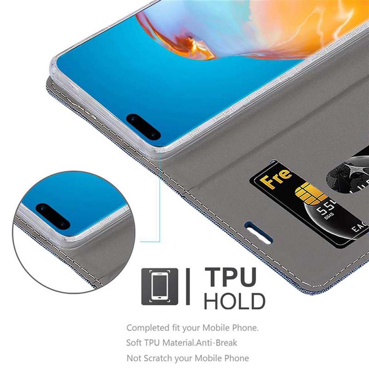 Ein Telefon befindet sich in einer grauen Brieftaschen-Hülle, mit einer Karte und einem sichtbaren Bildschirm.