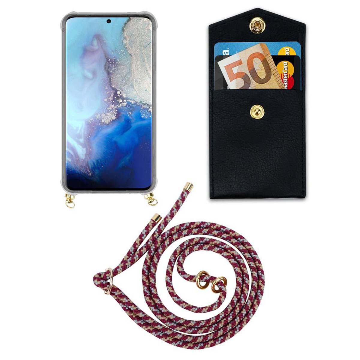 Custodia per telefono con cordino e porta carte. Il telefono è nella custodia. Sfondo bianco.