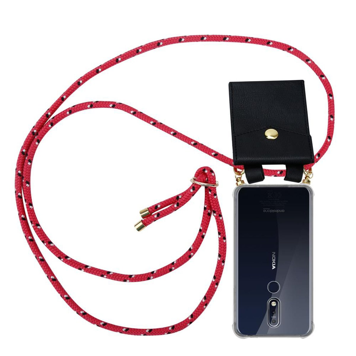Transparente Handyhülle mit schwarzem Lederetui, befestigt mit einem roten Lanyard. Das Telefon zeigt Nokia-Logo.