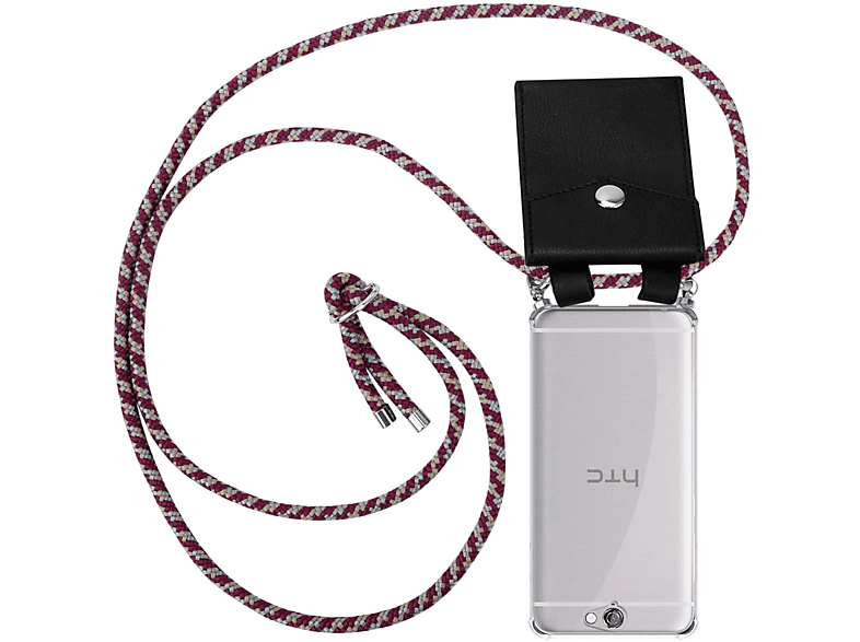 CADORABO Handy Kette mit Silber Ringen, Kordel Band und abnehmbarer Hülle, Backcover, HTC, ONE A9, ROT GELB WEIß
