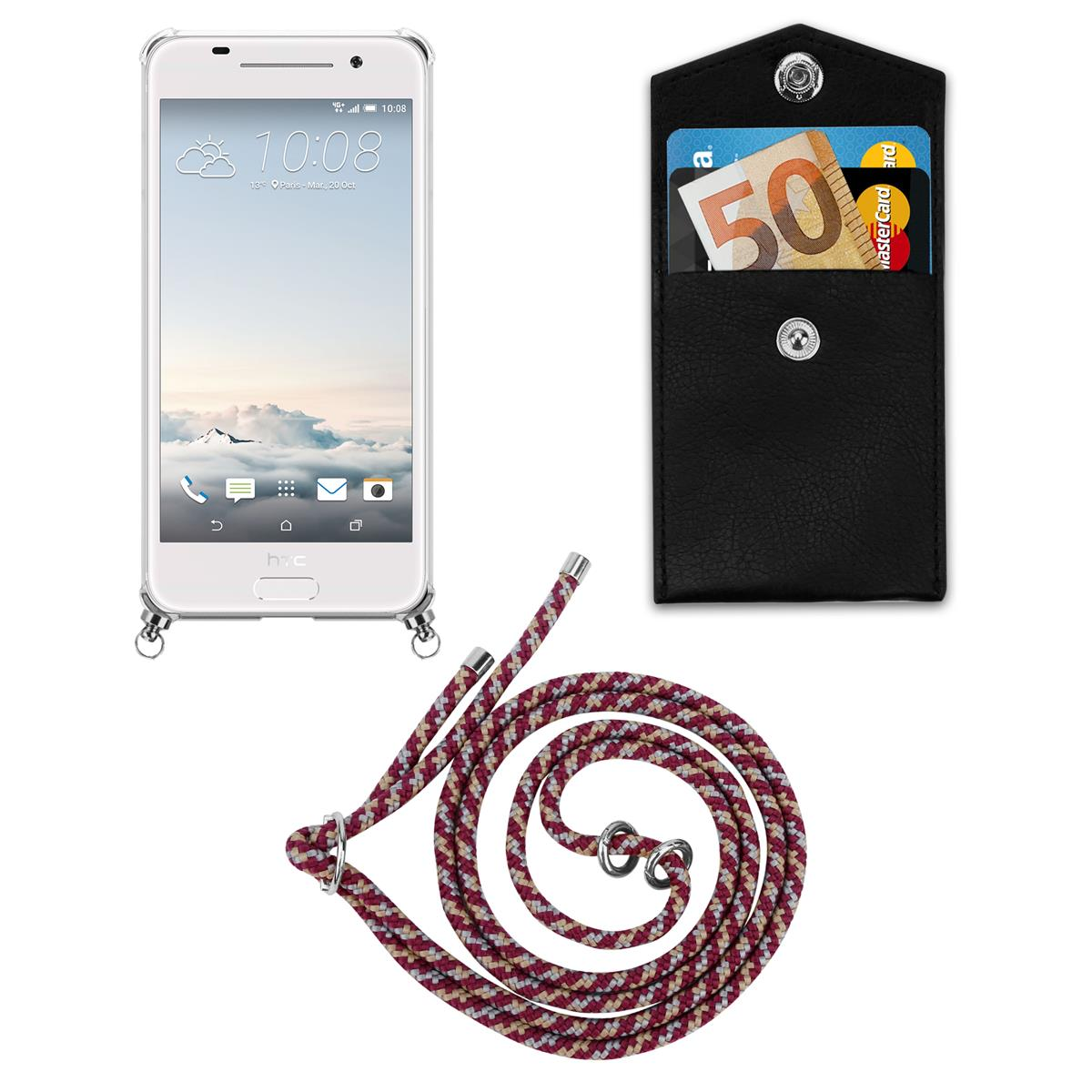 CADORABO Handy Kette mit Silber Ringen, abnehmbarer Band HTC, WEIß ROT Backcover, Hülle, ONE A9, GELB Kordel und