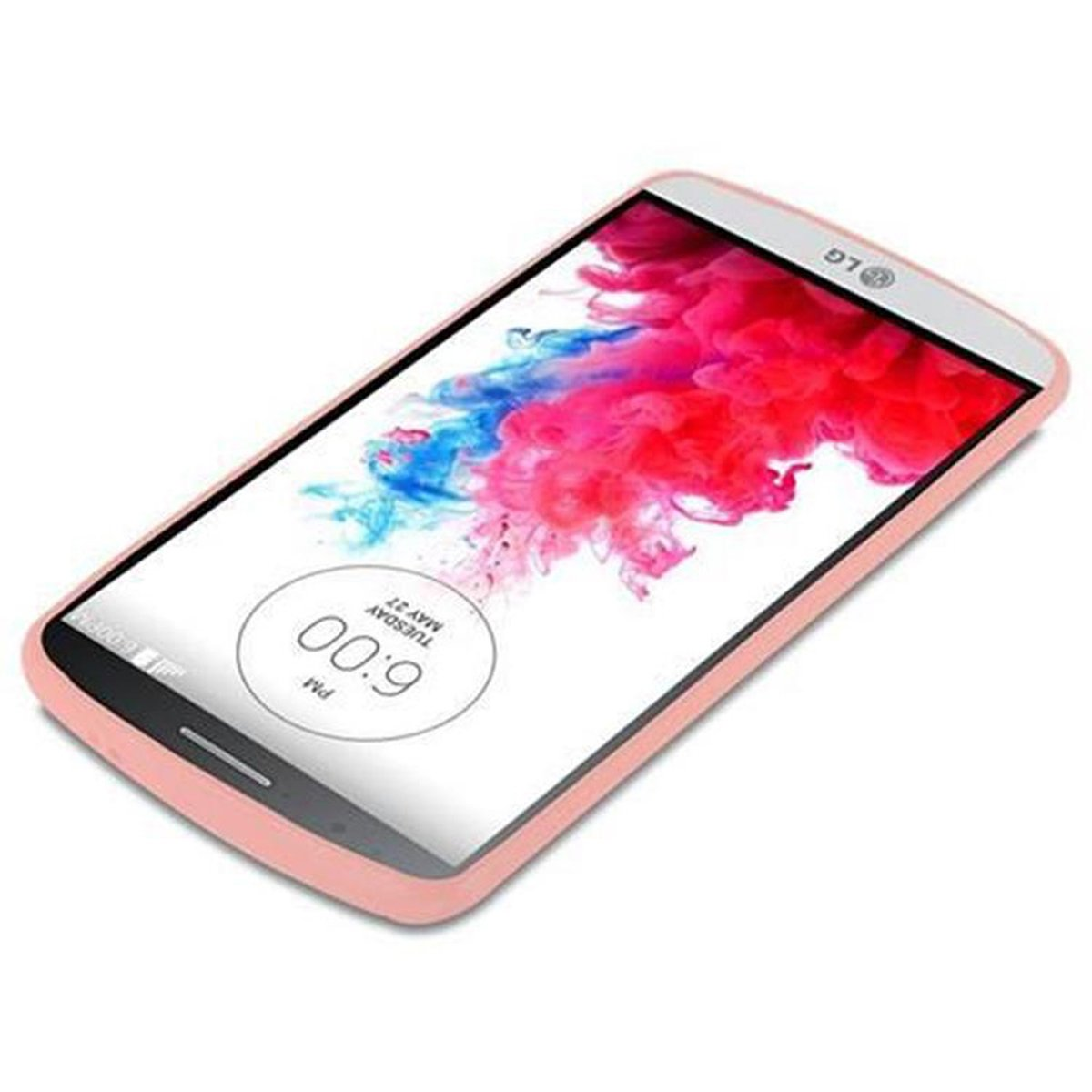 Rosa Handyhülle mit Telefon, das ein farbenfrohes, abstraktes Bild auf dem Bildschirm zeigt.