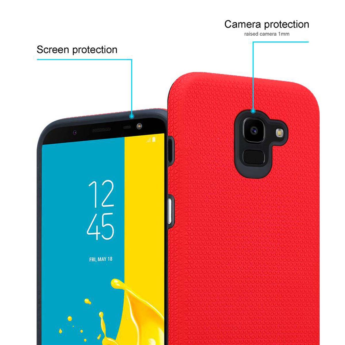 Una custodia per telefono rossa. Lo schermo del telefono è visibile. La custodia protegge lo schermo e la fotocamera.