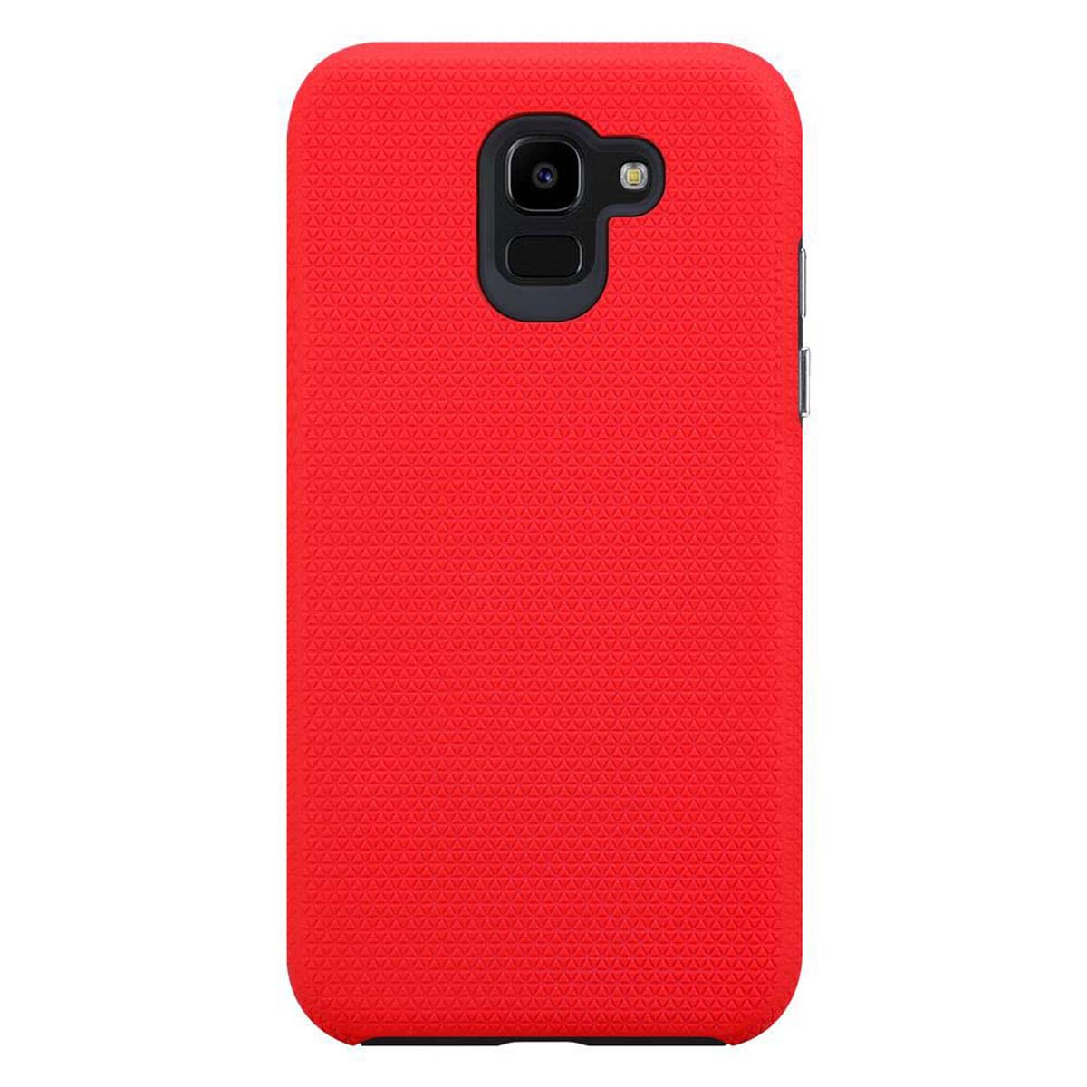 Una custodia per telefono rossa. La custodia del telefono ha un motivo a piccoli triangoli. La custodia del telefono ha un foro per la fotocamera.