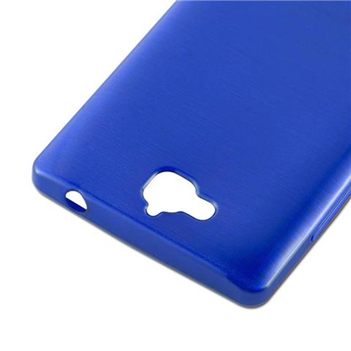 Primer plano de una funda de teléfono azul. Hay un agujero en la funda para la cámara.
