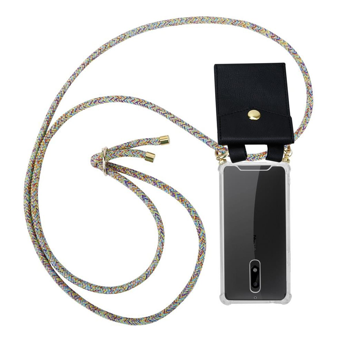 Telefon mit klarer Hülle und Lanyard. Das Lanyard hat einen schwarzen Telefonhalter.