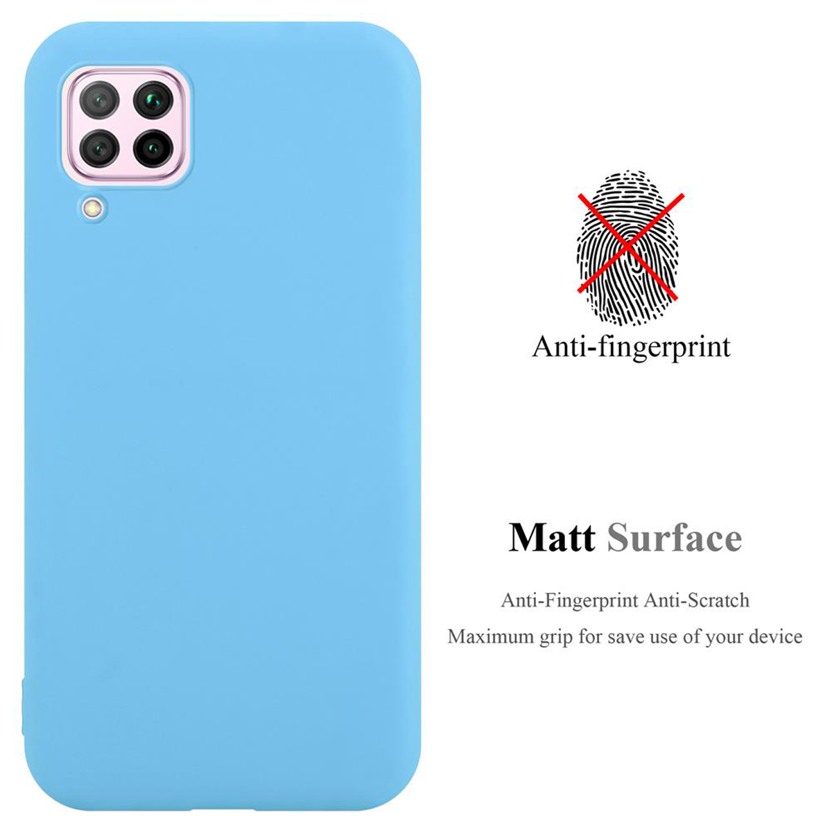 Eine hellblaue Handyhülle mit Anti-Fingerabdruck und matter Oberfläche. Der Text 'Matt Surface' ist sichtbar.