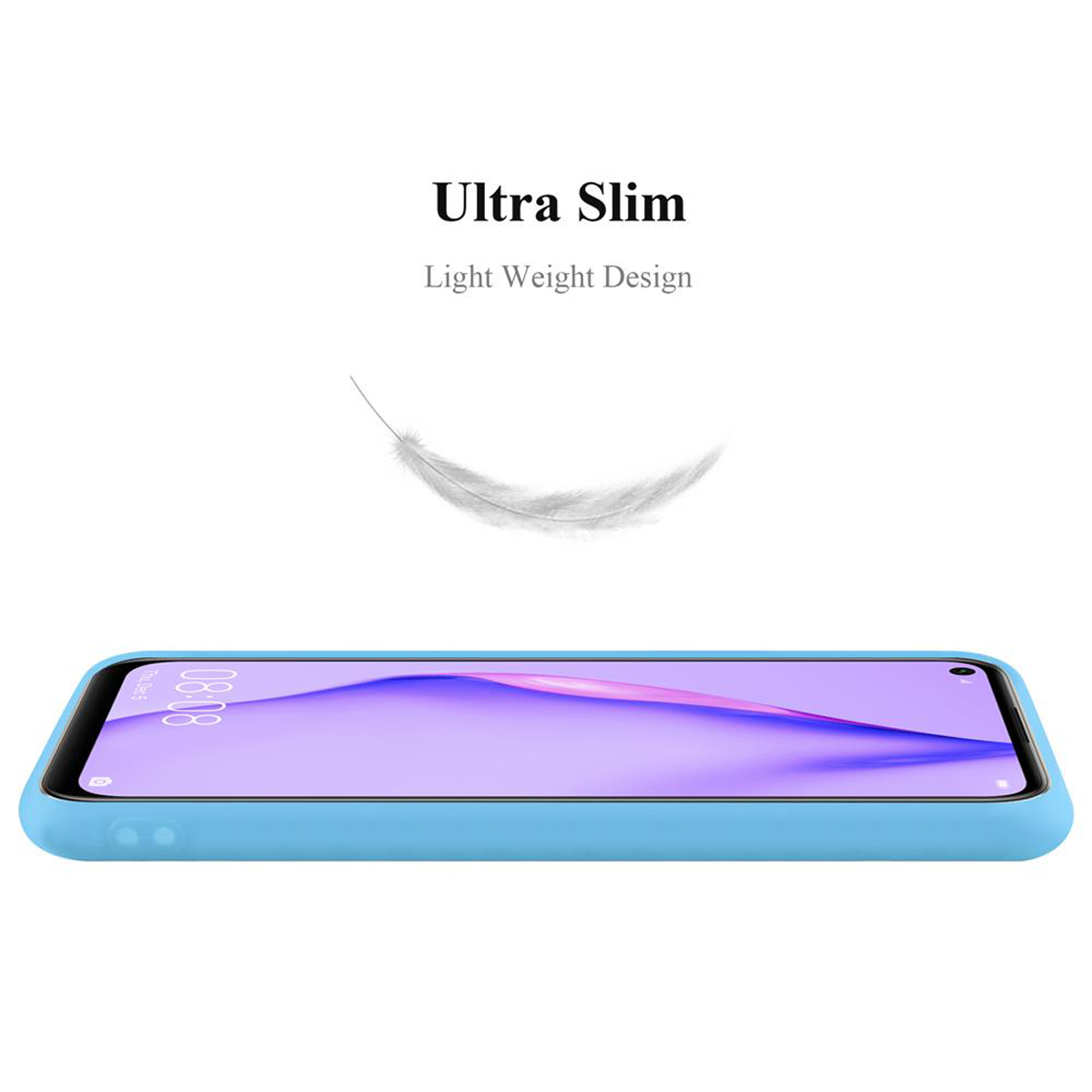 Eine hellblaue Handyhülle. Darüber eine Feder-Grafik. Text: „Ultra Slim“.