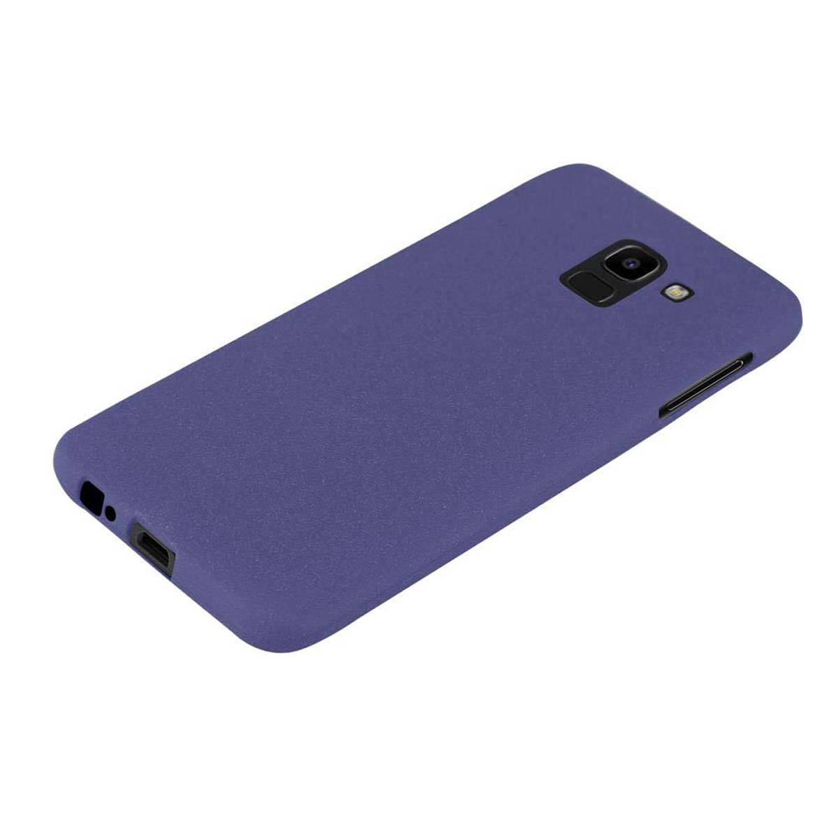 Custodia per telefono viola con fori per fotocamera e porta.