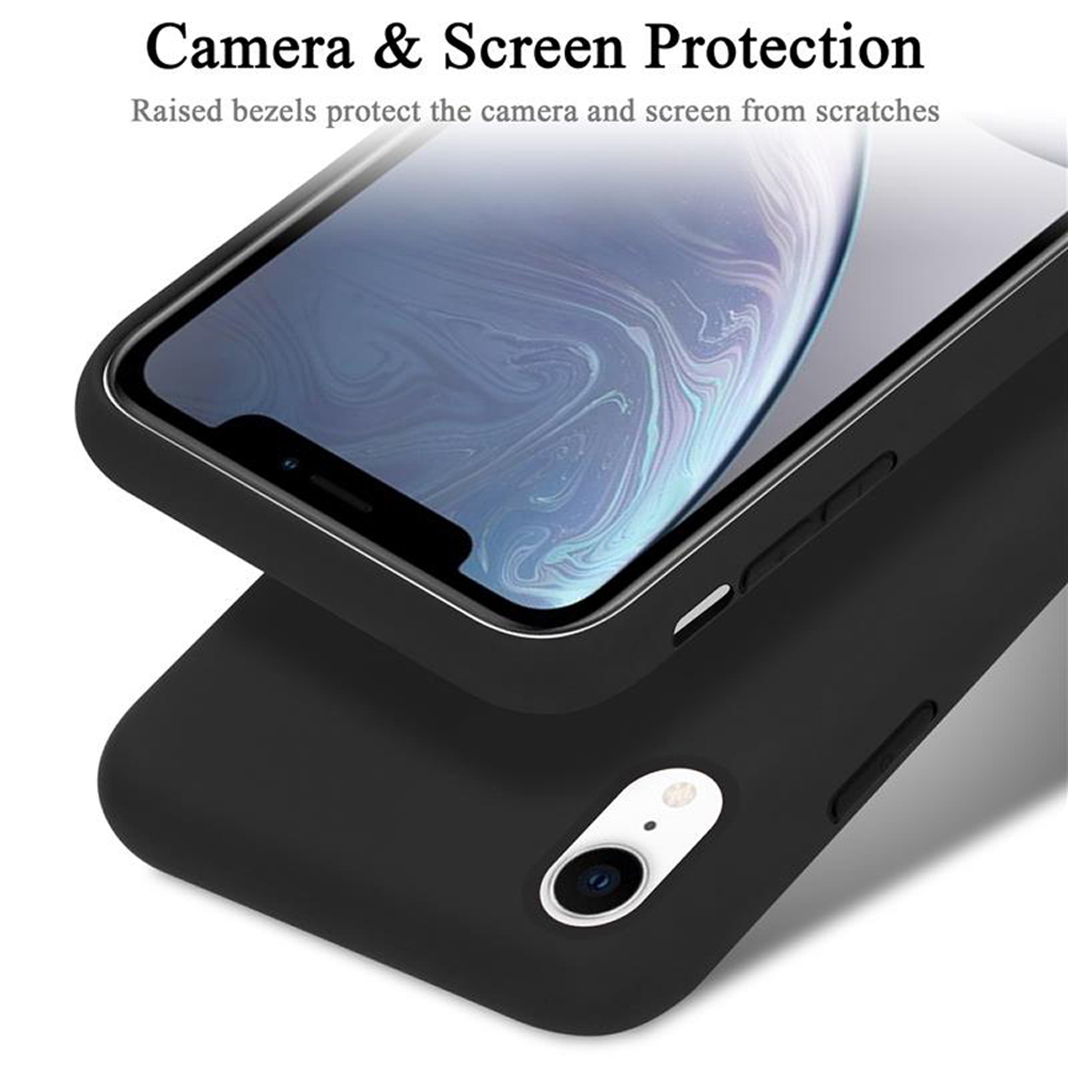 Schwarze Handyhülle mit einem Telefon darin. Die Hülle ist geöffnet und zeigt den Bildschirm.