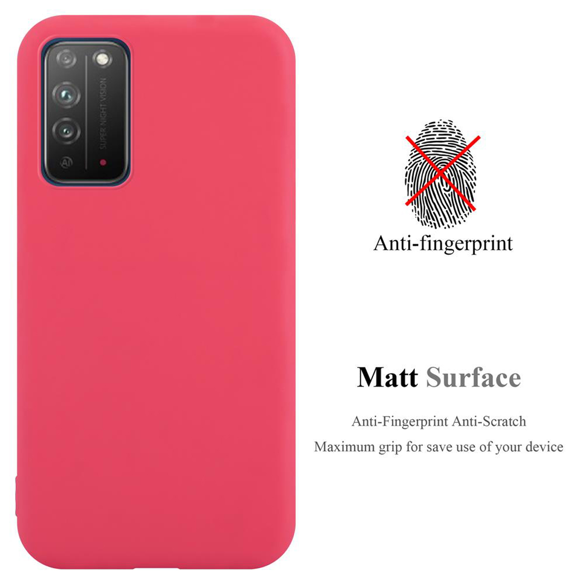 Eine rote Handyhülle mit Fingerabdruck und Text 'Anti-Fingerprint' und 'Matt Surface'.