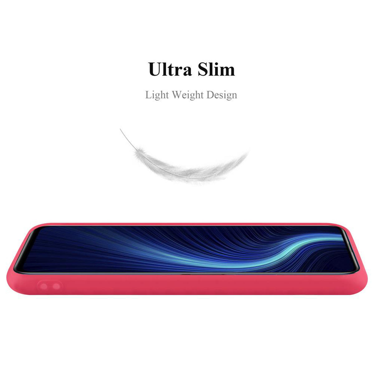 Eine rote Handyhülle mit einem Telefon darin. Über der Hülle befindet sich eine weiße Feder. Der Hintergrund ist weiß.