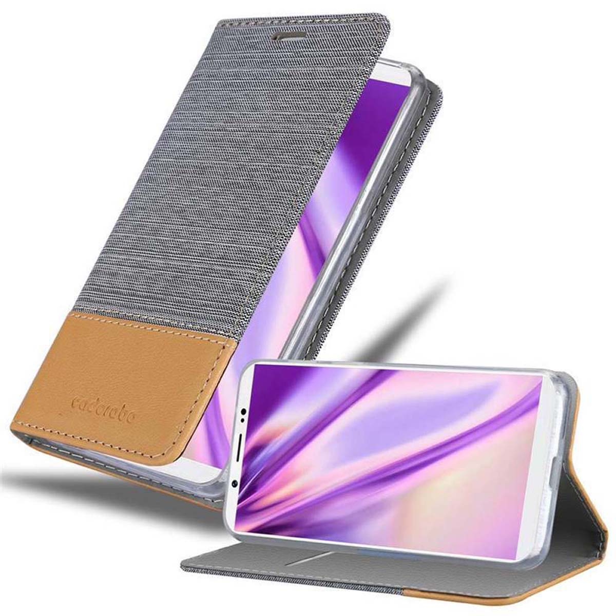 Un telefono all'interno di una custodia grigia e marrone, con uno schermo che mostra un'immagine colorata.